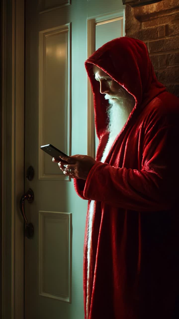 A Mysterious Figure in a Red Cloak Stands by a Door, Engrossed in His Mobile Device, Capturing the Intriguing Contrast of Tradition and Modernity in a Cozy, Dimly Lit Setting