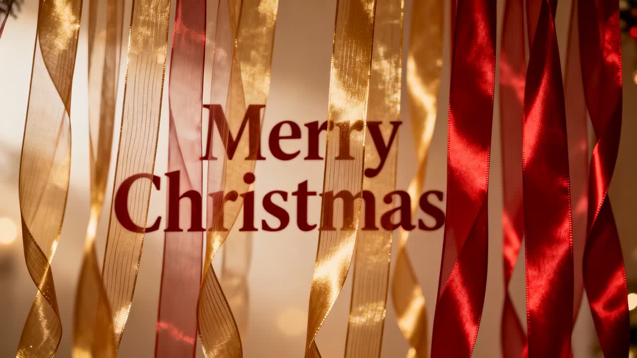 Displaying centered maroon 'Merry Christmas' greeting for holiday set, gentle breeze moving ribbons