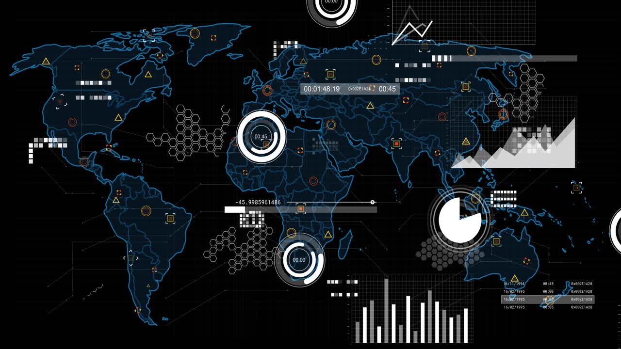 Animation of financial data processing over world map
