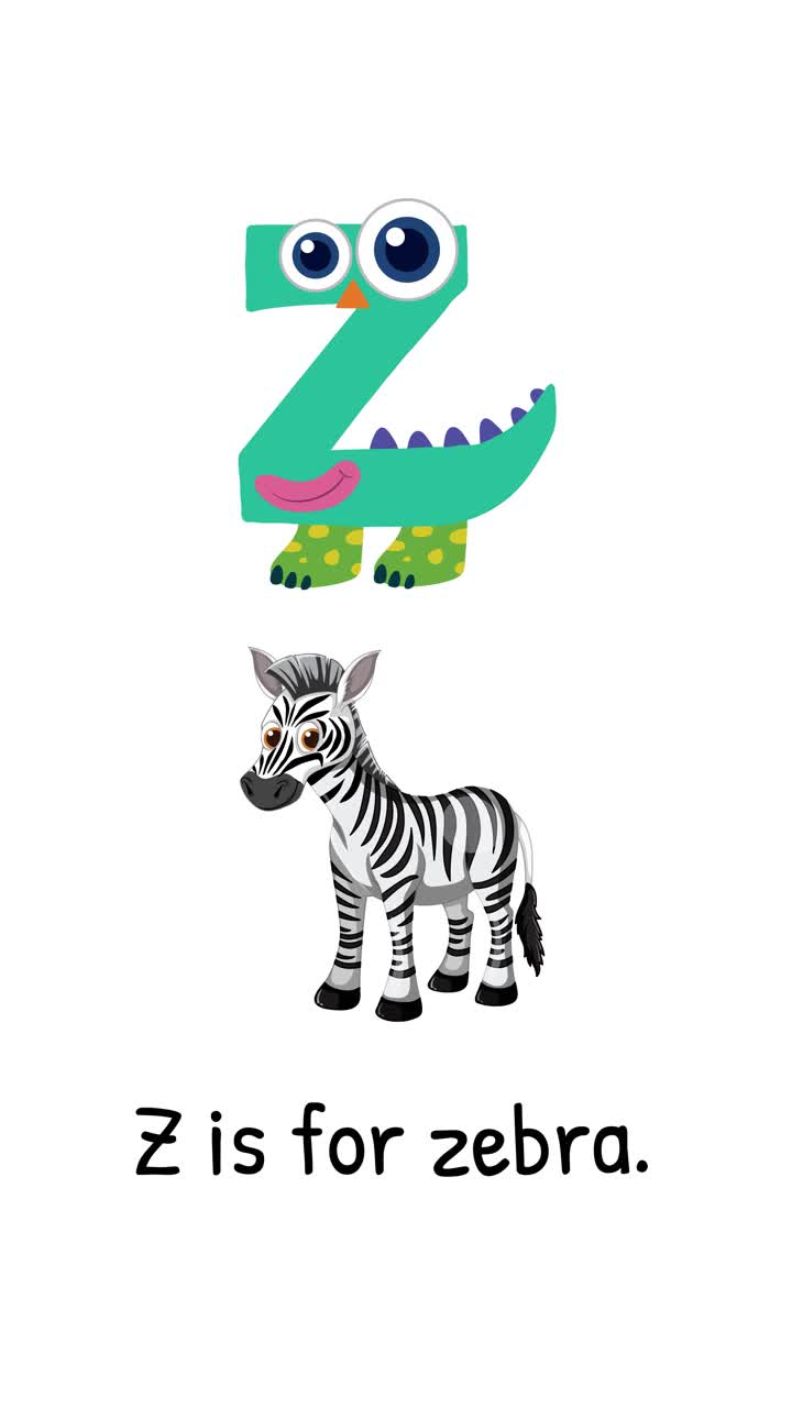 Animazione giocosa che trasforma la lettera Z in un personaggio accanto a una zebra, enfatizzando l'apprendimento con colori vivaci e immagini divertenti.