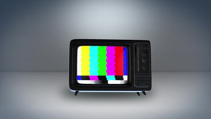 Televisor vintage 3D 4K, fondo verde con barras de color con ruido, animación de bucle estático, sin señal de TV