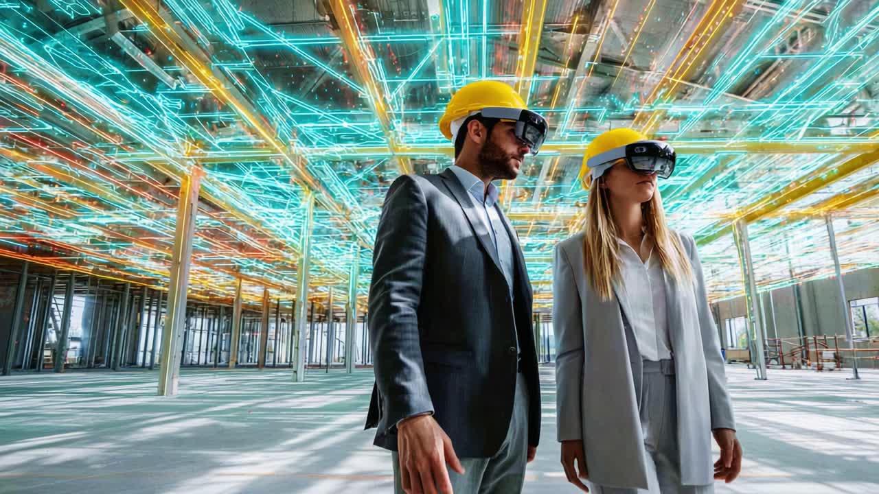 Two professionals wearing yellow safety helmets and augmented reality glasses are inspecting a futuristic construction site filled with glowing neon digital overlays representing data and technology