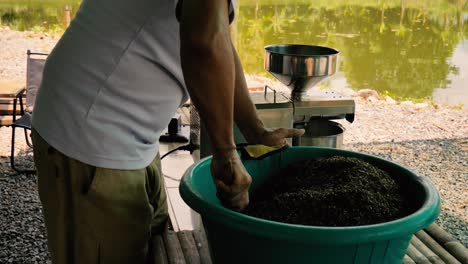 Asian-man-mixing-seeds-such-as-cumin,-flax,-and-pumpkin-seeds-as-well-as-cannabis