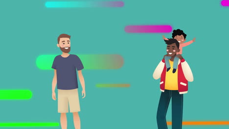 animación de ilustración de padres y hijo gay biraciales felices, con formas coloridas en azul