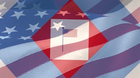 animation of red, white and blue squares and american flag over folded stars and stripes