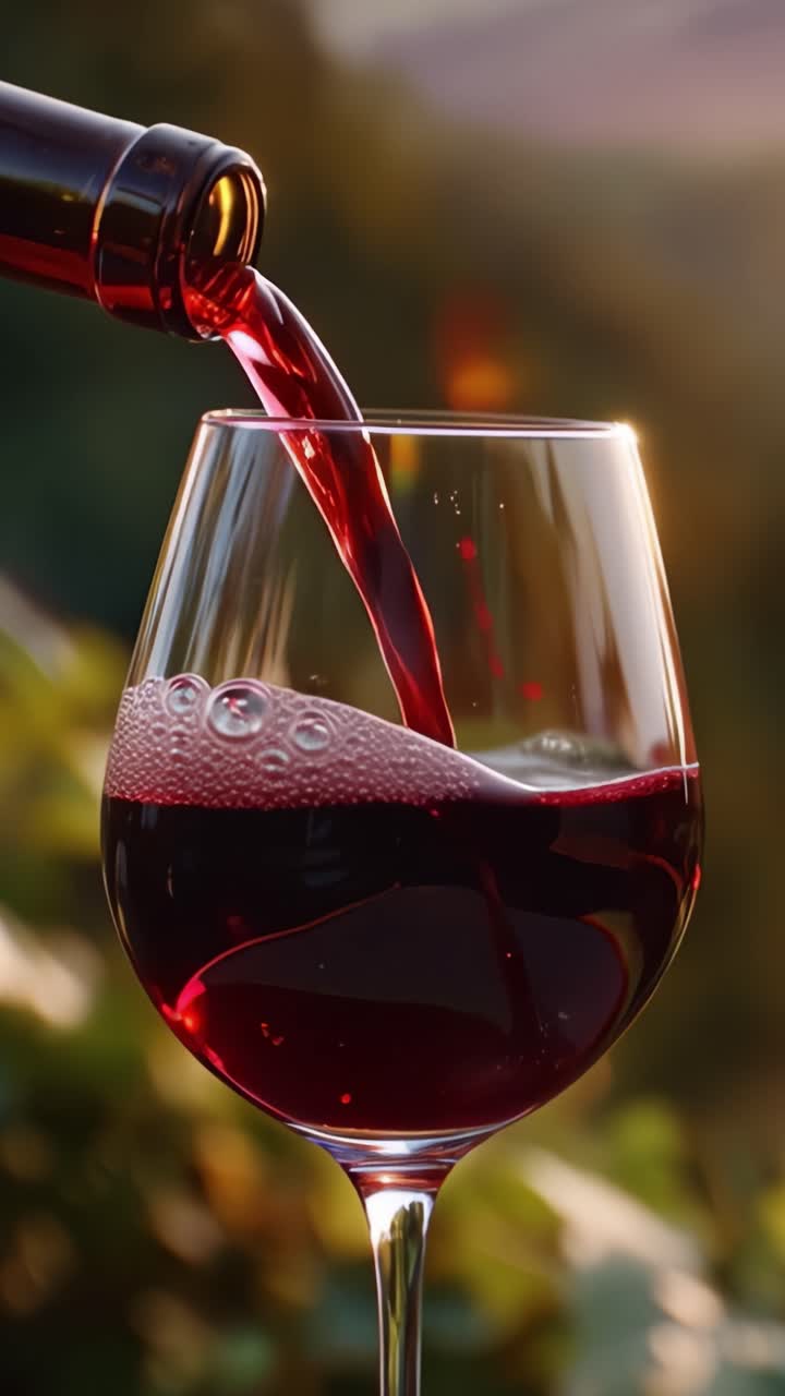 Una scena suggestiva di vino rosso versato in un bicchiere con uno sfondo naturale, che esalta il colore intenso e l'eleganza della bevanda mentre il sole splende.