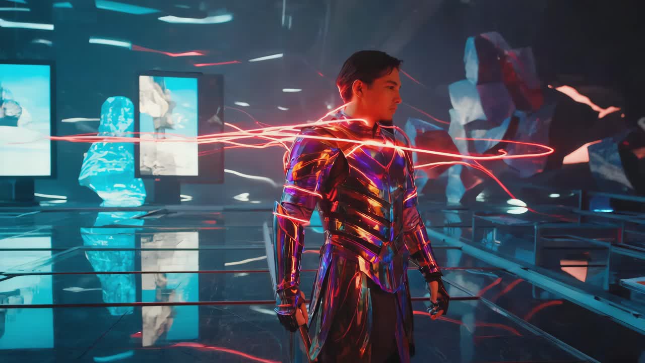 Futuristic Man in Armor with Energy Field