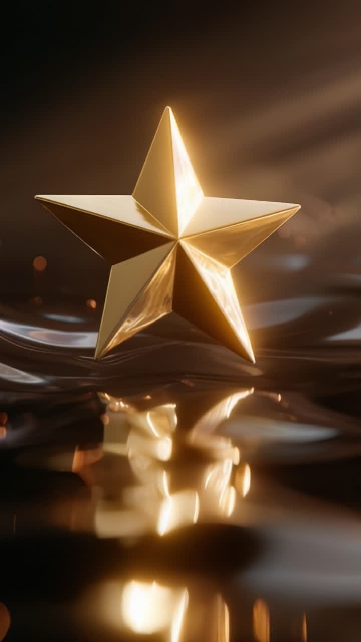 Una stella dorata scintillante emerge da acque luccicanti, creando uno spettacolo accattivante di luce e riflessi in un'atmosfera affascinante di eleganza e bellezza.