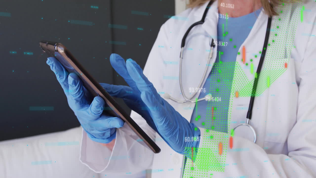 female doctor tapping tablet with gloves and stethoscope, displaying medical data chart overlays