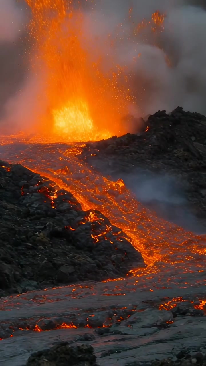 Vertical video: Erupting volcanic vent sending molten lava down slope with magma rising, spattering