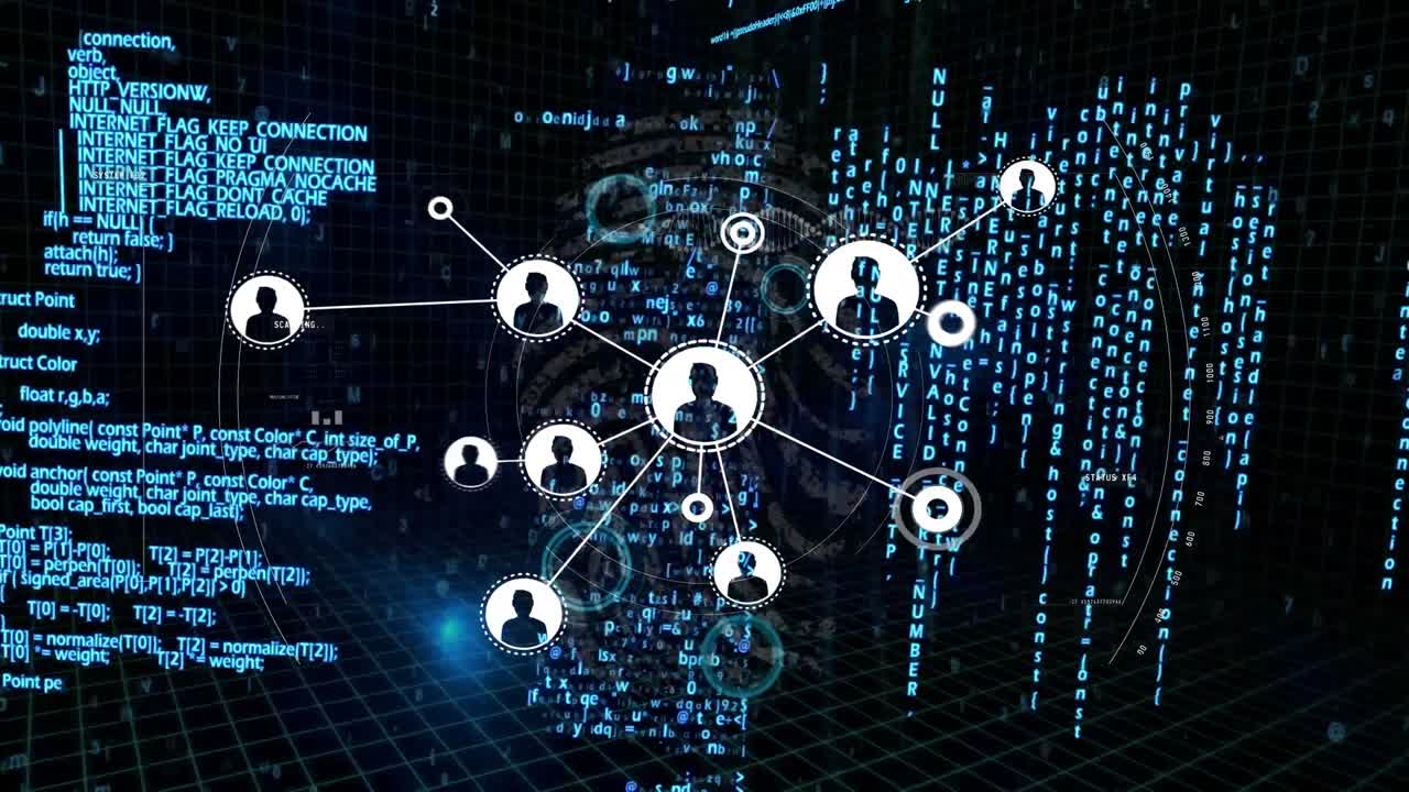 Animation of data processing and network of connections over biometric fingerprint