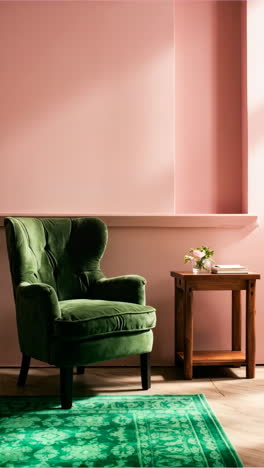 cozy living room with green velvet armchair and pink walls