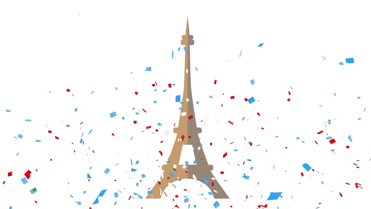Animation of confetti and eiffel tower on white background