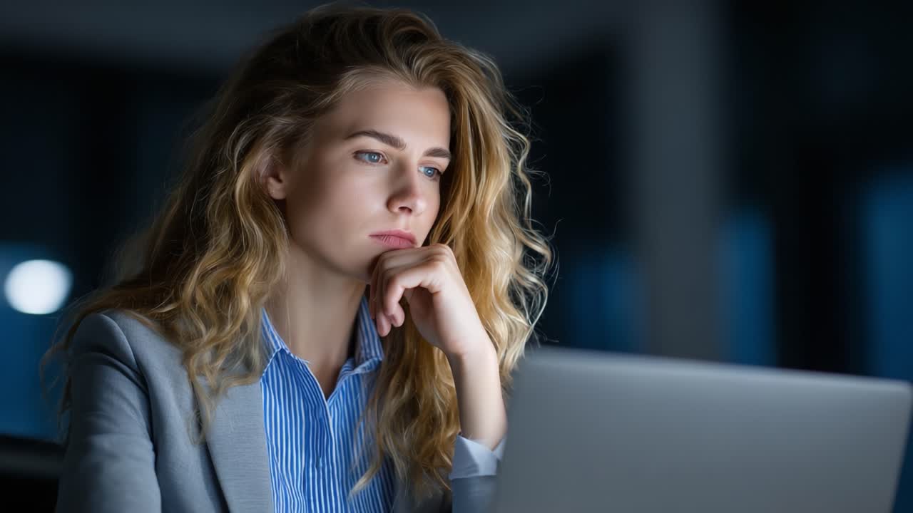Contemplative Professional Woman Focused on Her Laptop in a Dimly Lit Environment, Emphasizing Concentration and Critical Thinking in a Work Setting