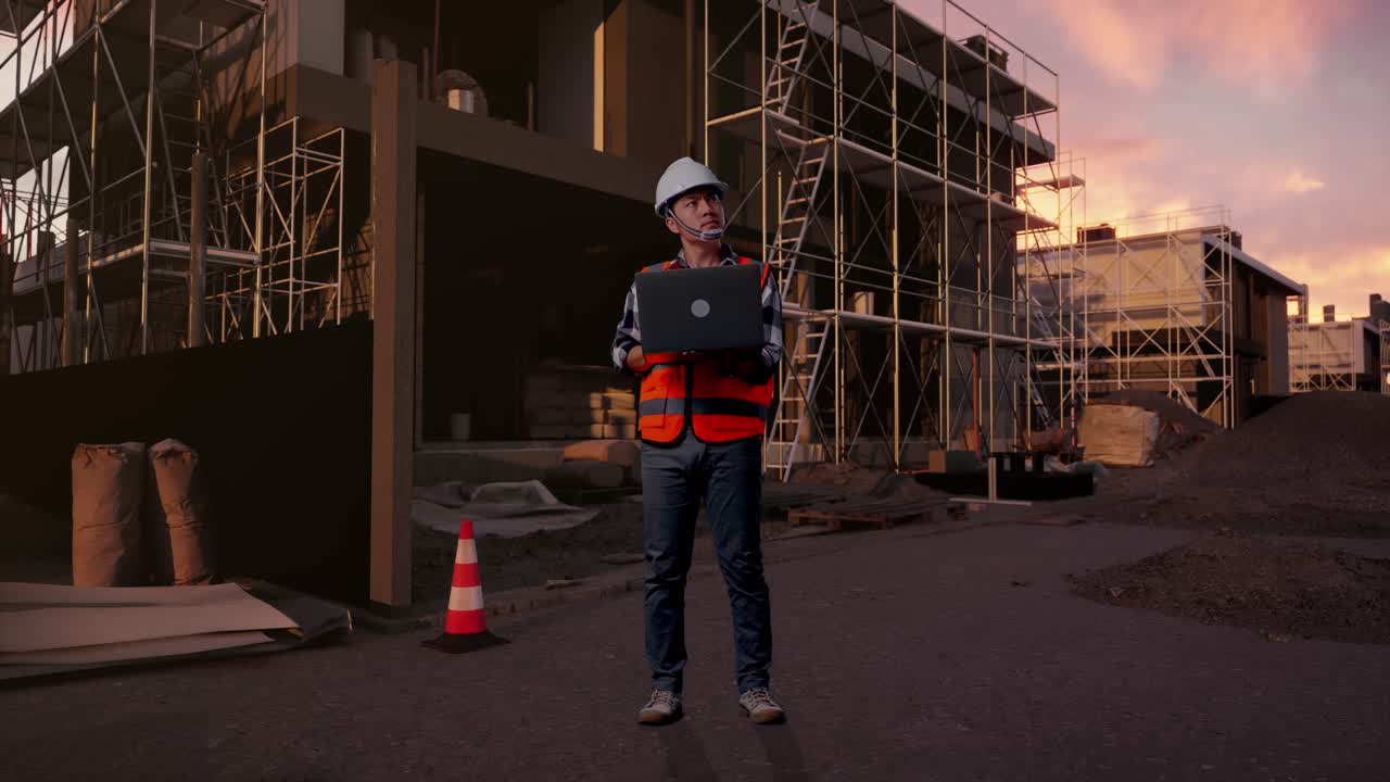 Construction Worker Using Laptop at Building Site During Sunset