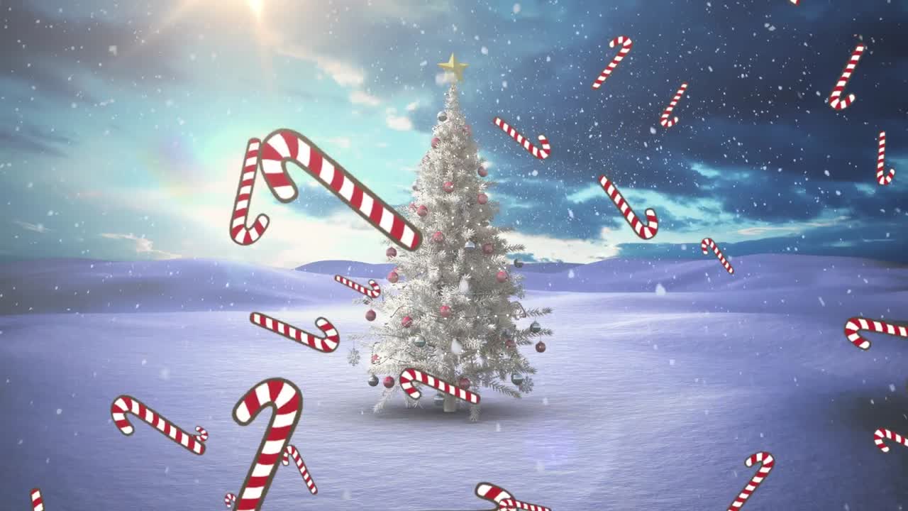 Animation of snow falling and candy canes over chritmas tree on winter landscape