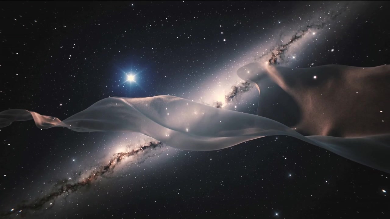 Nastro nebulare argenteo alla deriva che ondeggia attraverso un campo stellare, catturando la luce da una fascia galattica diagonale.