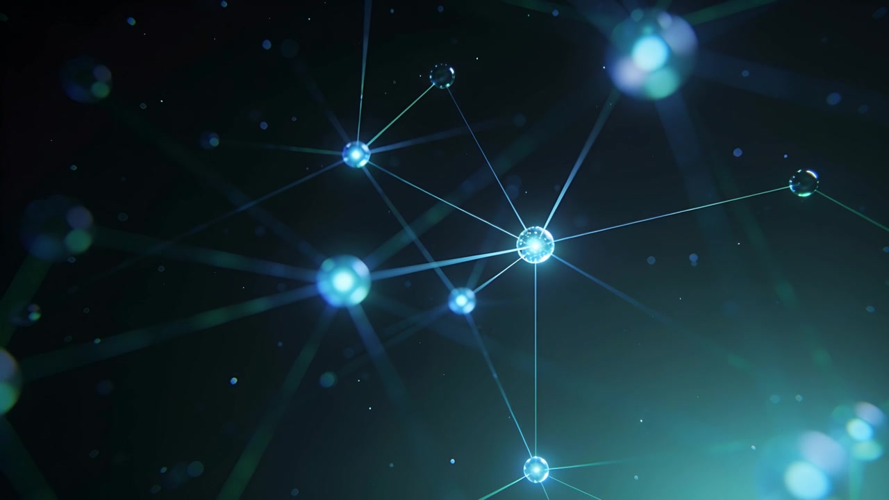 Camera pushing forward, bright node network with lines pulsing and showing lower node in teal space