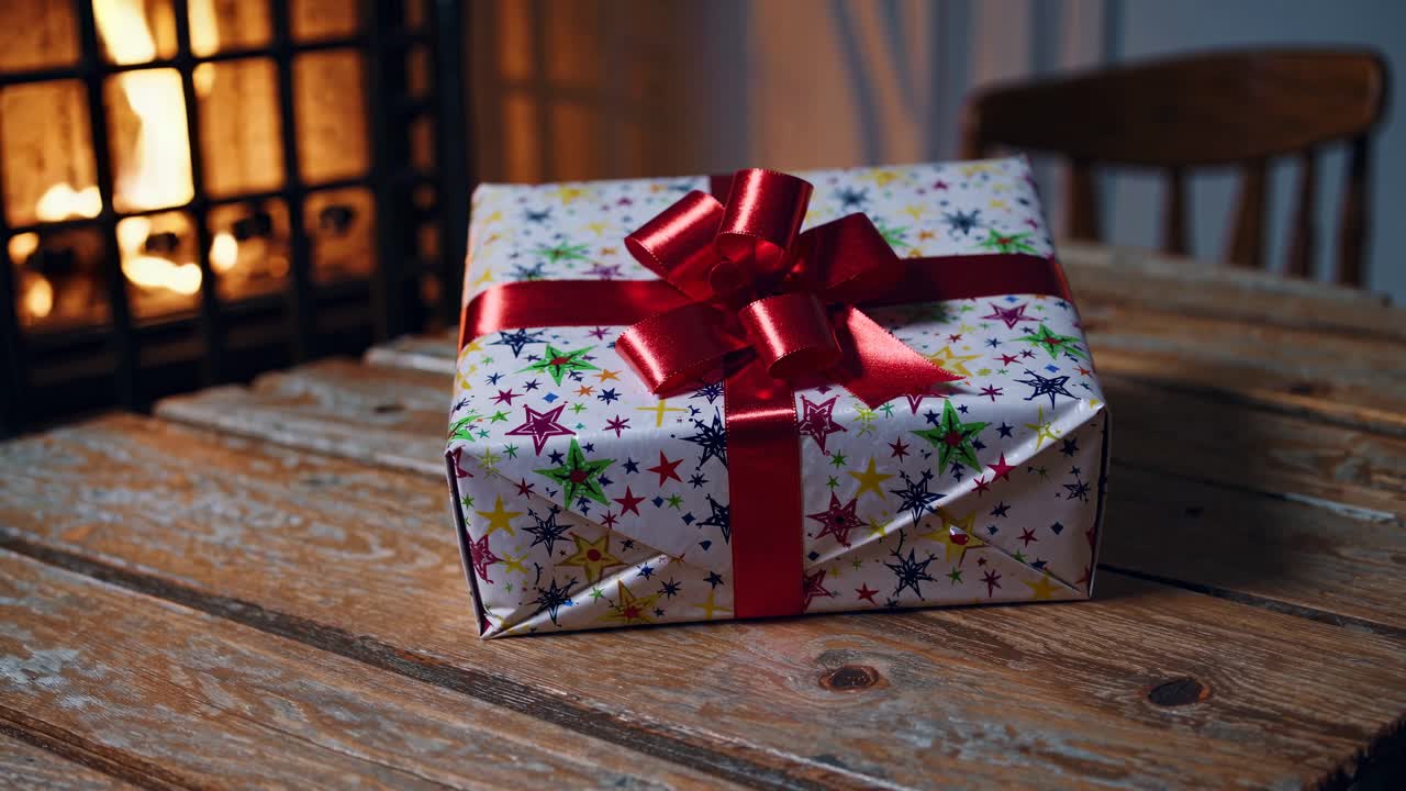 Un’accogliente scena video di una confezione regalo con un fiocco rosso su un tavolo di legno rustico, ripresa da un’angolazione della camera leggermente…