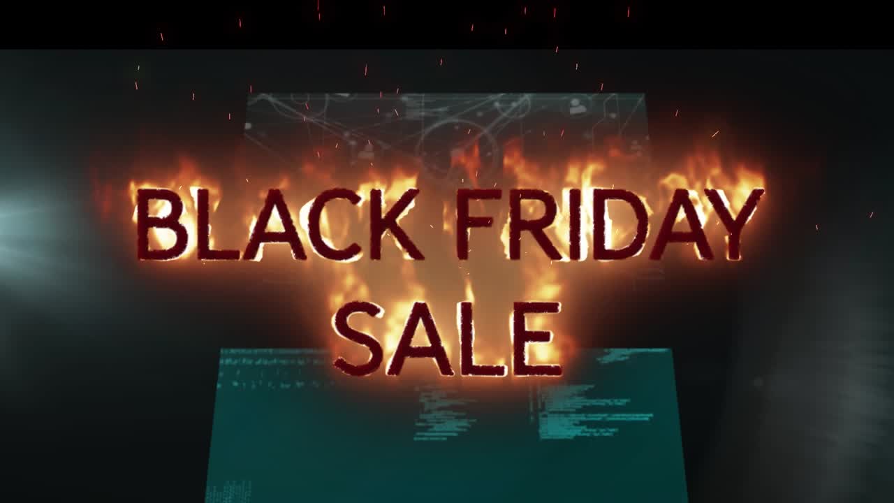 Animazione di elaborazione dati e testo sui saldi del Black Friday su sfondo nero