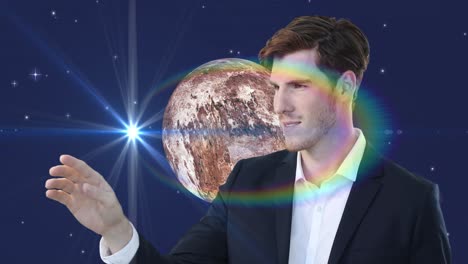 animación de las estrellas y la luna sobre el hombre caucásico
