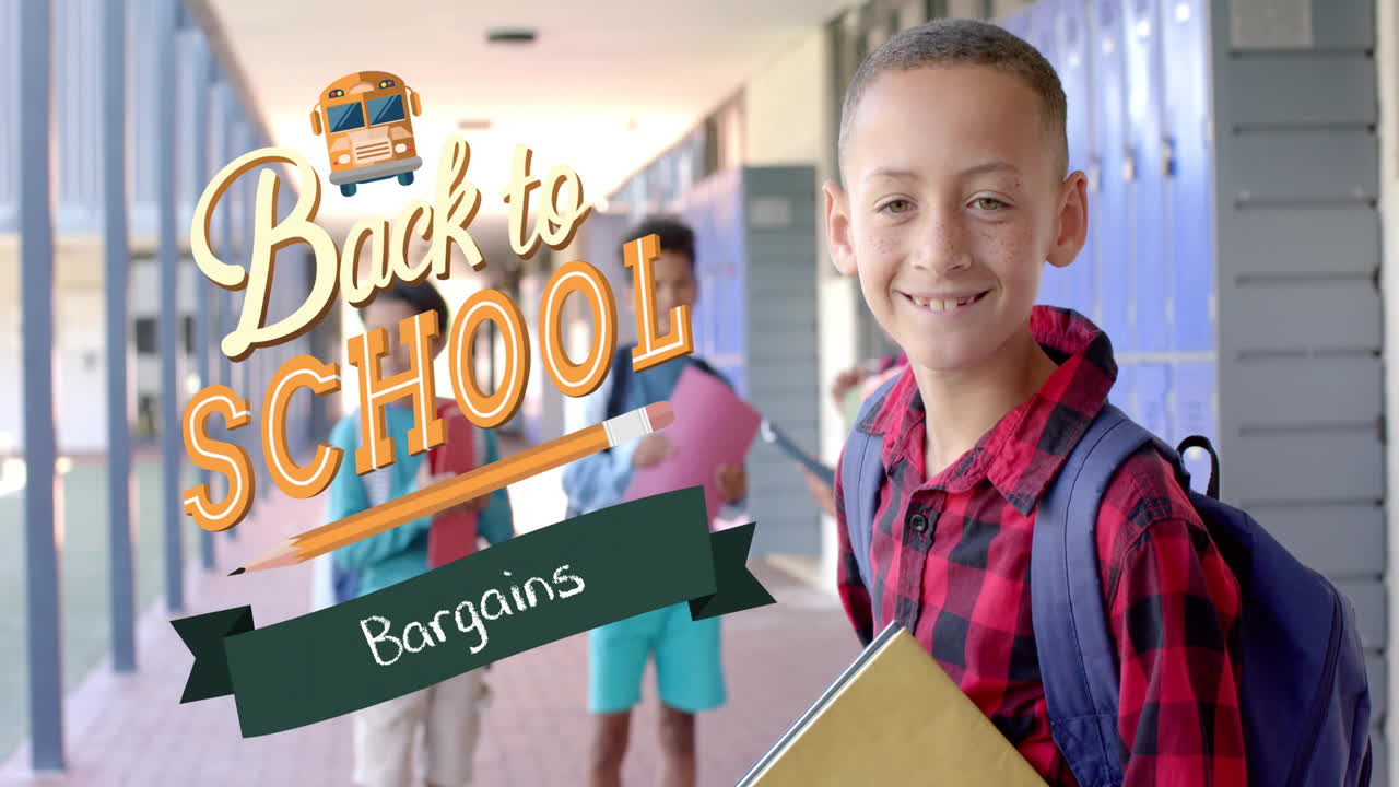 Animation of back to school text over diverse schoolboys holding notebooks
