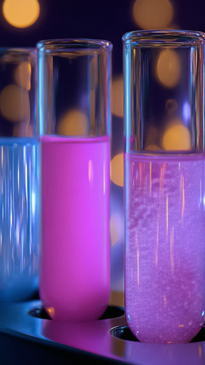 Provette colorate accattivanti riempite con liquidi vibranti, circondate da luci bokeh soffuse, che mostrano uno straordinario esperimento scientifico in corso.