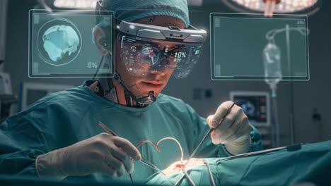 advanced surgical technology: a depiction of a surgeon utilizing augmented reality in a modern operating room for enhanced precision and efficiency