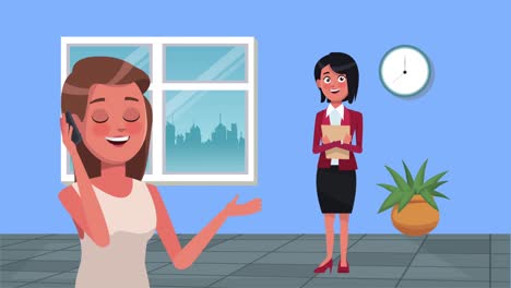 mujeres de negocios exitosas llamando con personajes de teléfonos inteligentes