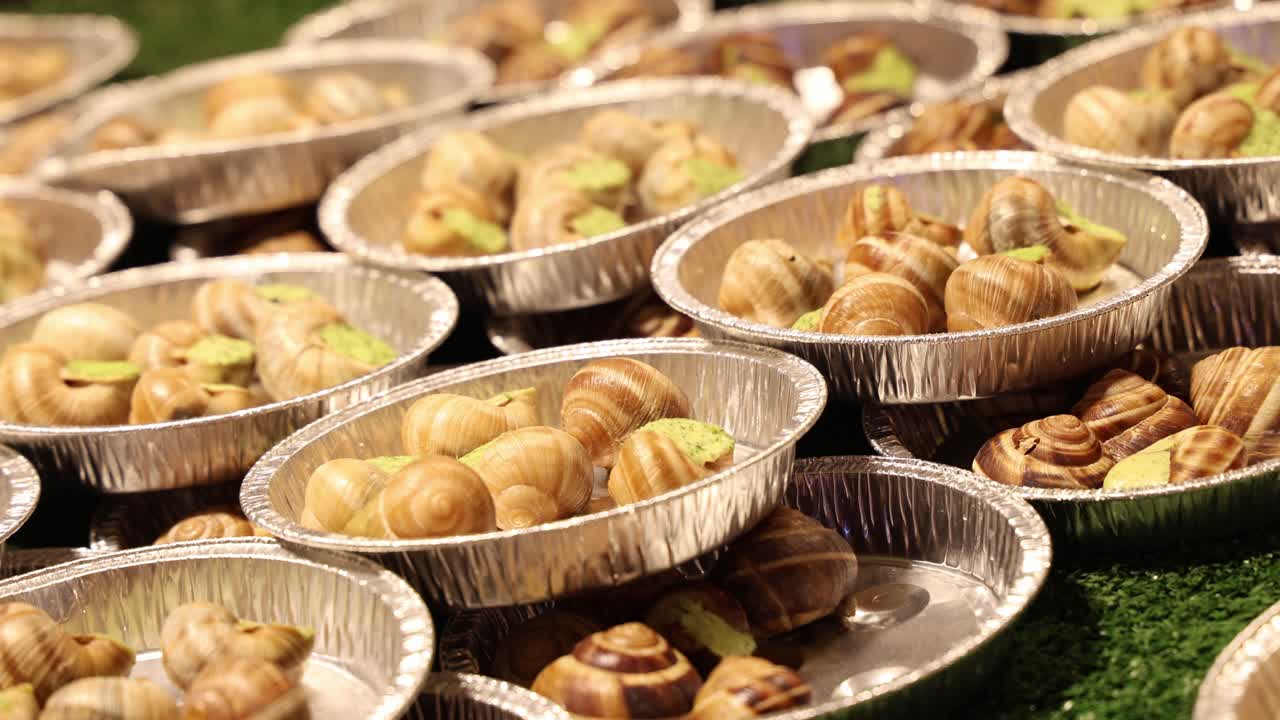 Fresh snails in shells cooked and served on the plates