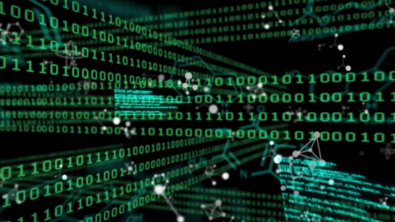 Animation of shapes and data processing on black background