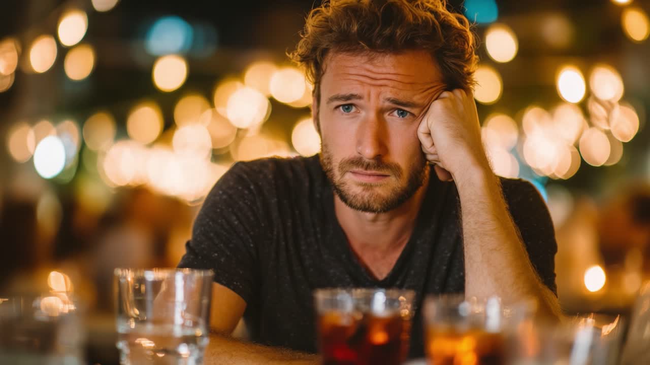 En eftertænksom mand stirrer ud i det fjerne, fordybet i tanker, omgivet af en varm atmosfære af glødende lys og drinks, hvilket afspejler et øjebliks introspektion og følelser