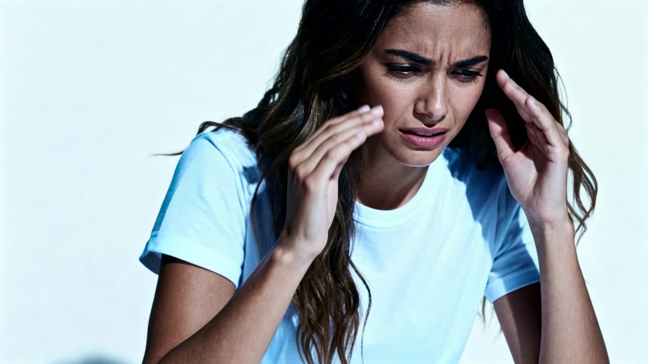Sentindo dor de cabeça, mulher vestindo camiseta branca segurando as têmporas, baixando as mãos contra um fundo claro.