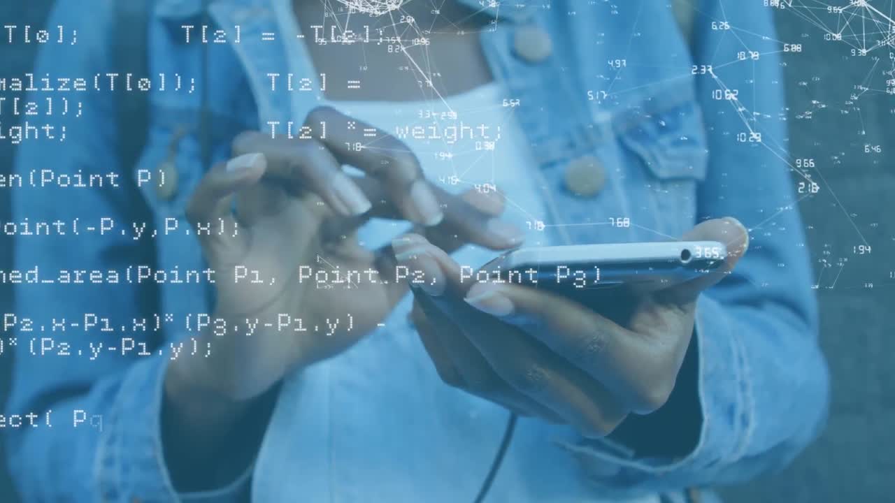 Animation of data processing over woman using smartphone