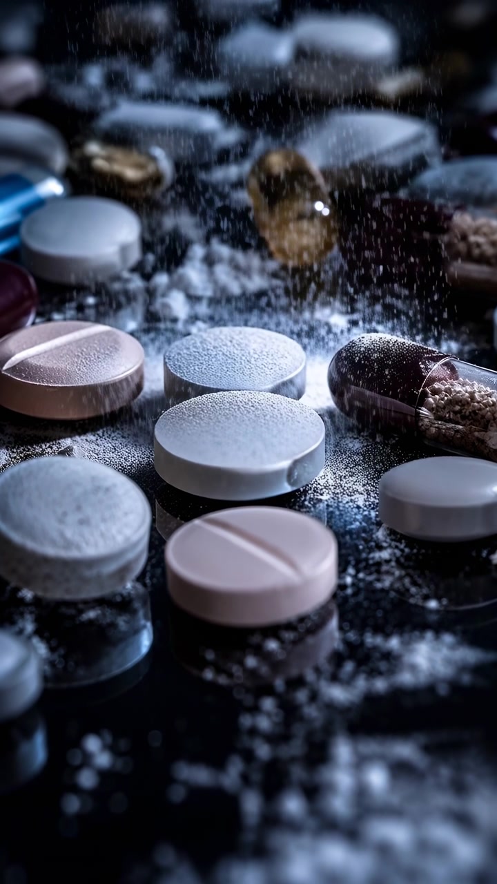Des comprimés et gélules assortis reposent sur une table sombre et réfléchissante tandis qu'une fine poudre tombe dans l'air et se dépose sur des médicaments texturés, créant une ambiance clinique sérieuse et un fort contraste avec