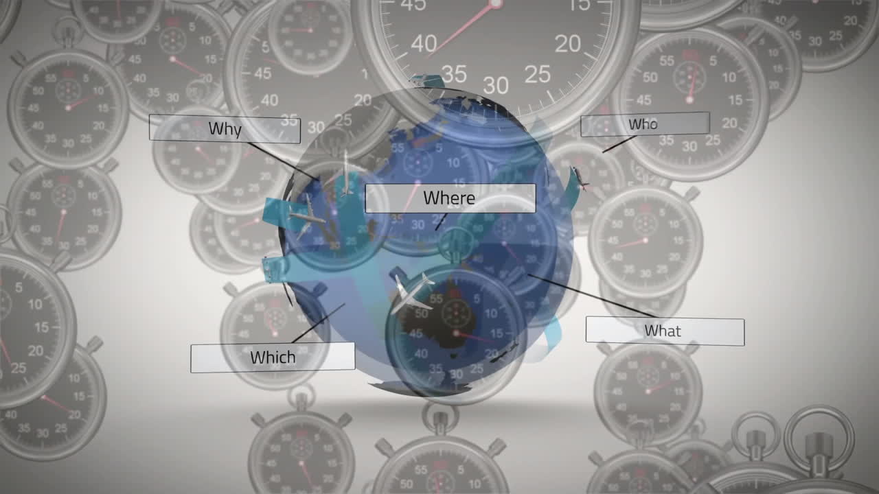 Animation of stopwatches and question words over globe, symbolizing time and inquiry
