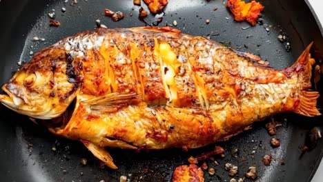 ein fisch, der in einer bratpfanne sitzt
