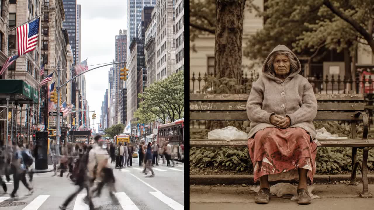 A bustling urban street is filled with hurried pedestrians in motion, while a solitary woman sits peacefully on a bench in a park, highlighting the contrast.