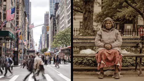 a bustling urban street is filled with hurried pedestrians in motion, while a solitary woman sits peacefully on a bench in a park, highlighting the contrast.