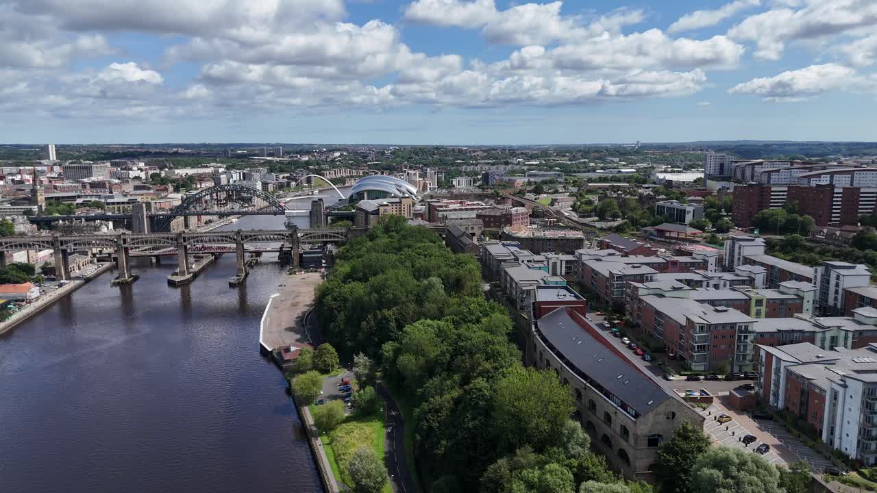 Drone Aerial View Footage Newcastle Upon Tyne City Tyneside Geordie North East England UK Gateshead Bridge