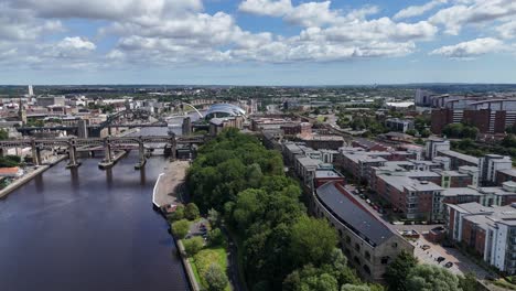 drone aerial view footage newcastle upon tyne city tyneside geordie north east england uk gateshead bridge
