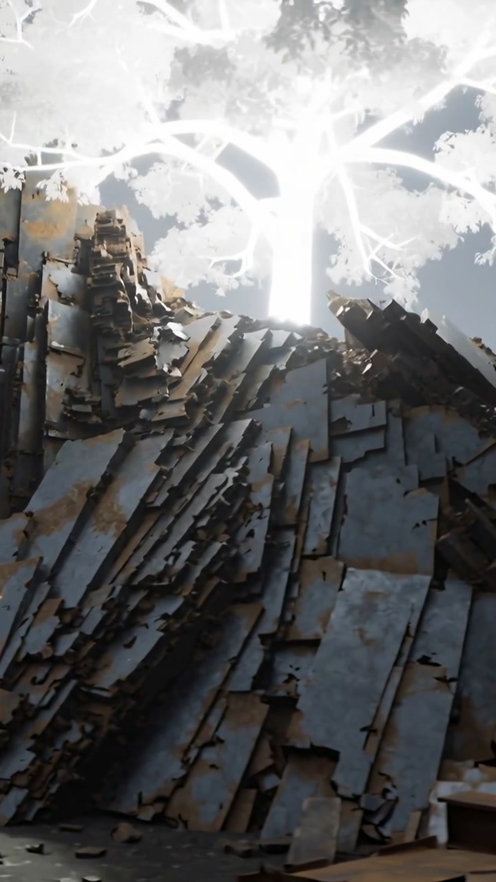 Panning camera rising from low angle at cliff showing rusty stacked plates, crevice, glowing tree