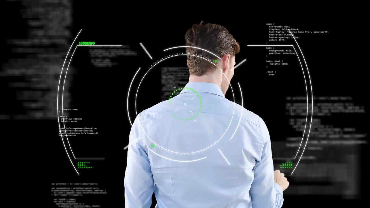 Animation of data processing over caucasian businessman touching interface