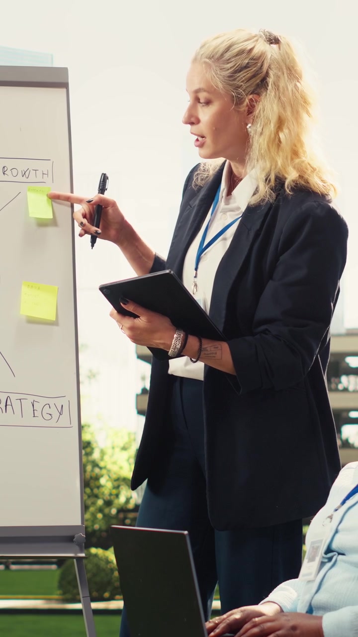 Vertical Video Businesswoman pointing at action plan timeline on whiteboard