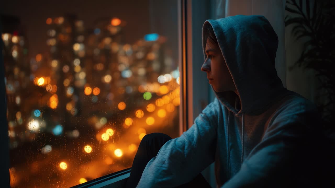 Un momento contemplativo catturato attraverso una finestra, che mostra una persona con una felpa con cappuccio persa nei pensieri mentre guarda fuori un paesaggio urbano splendidamente illuminato di notte