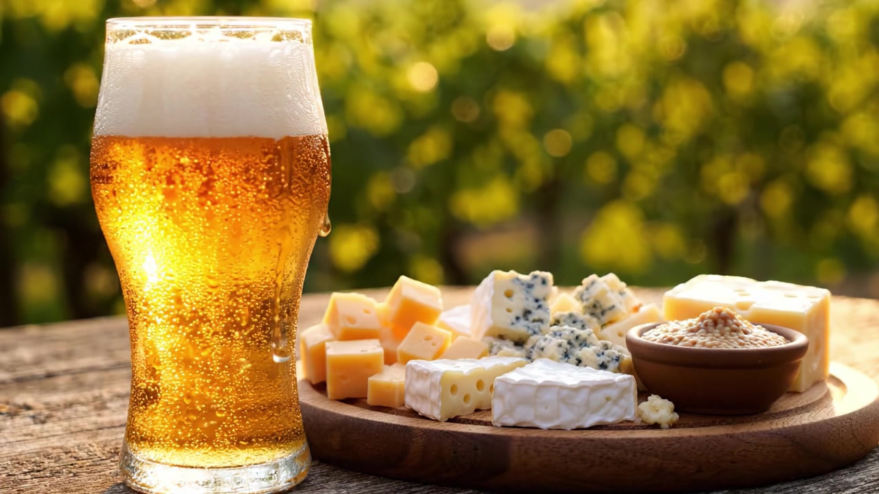 Un rinfrescante bicchiere di birra accompagnato da un tagliere di formaggi selezionati, il tutto sullo sfondo di un lussureggiante vigneto che esalta l'esperienza culinaria.