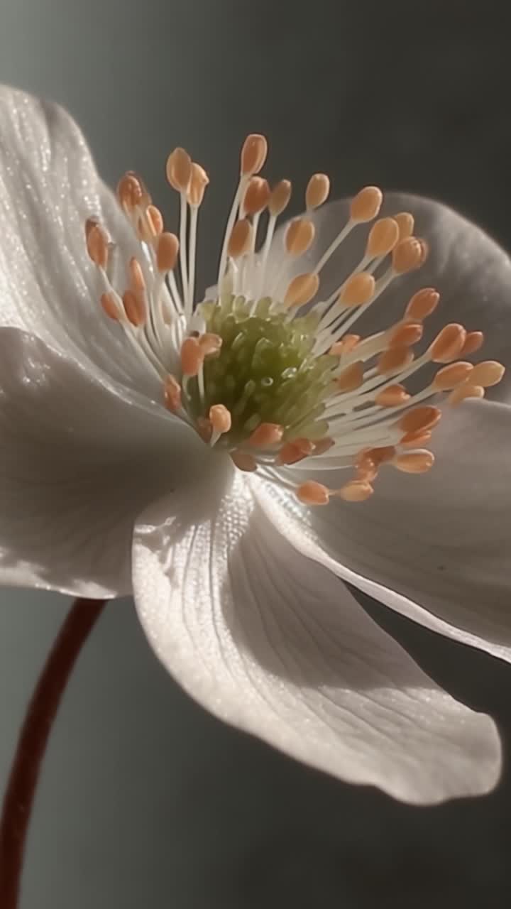 Uno splendido primo piano di un delicato fiore bianco: che cattura i petali intricati e gli stami vividi che evidenziano la bellezza della natura.
