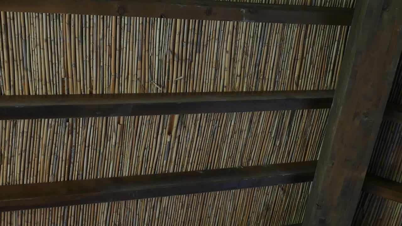 自然の葦と木の梁でできた素朴な屋根