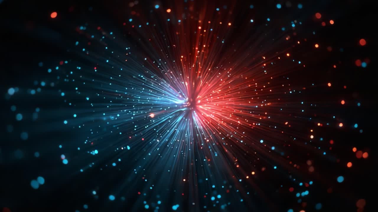 A mesmerizing display of vibrant energy particles radiating outward in a stunning burst of blue and red light, creating a dynamic visual spectacle that captivates the viewer