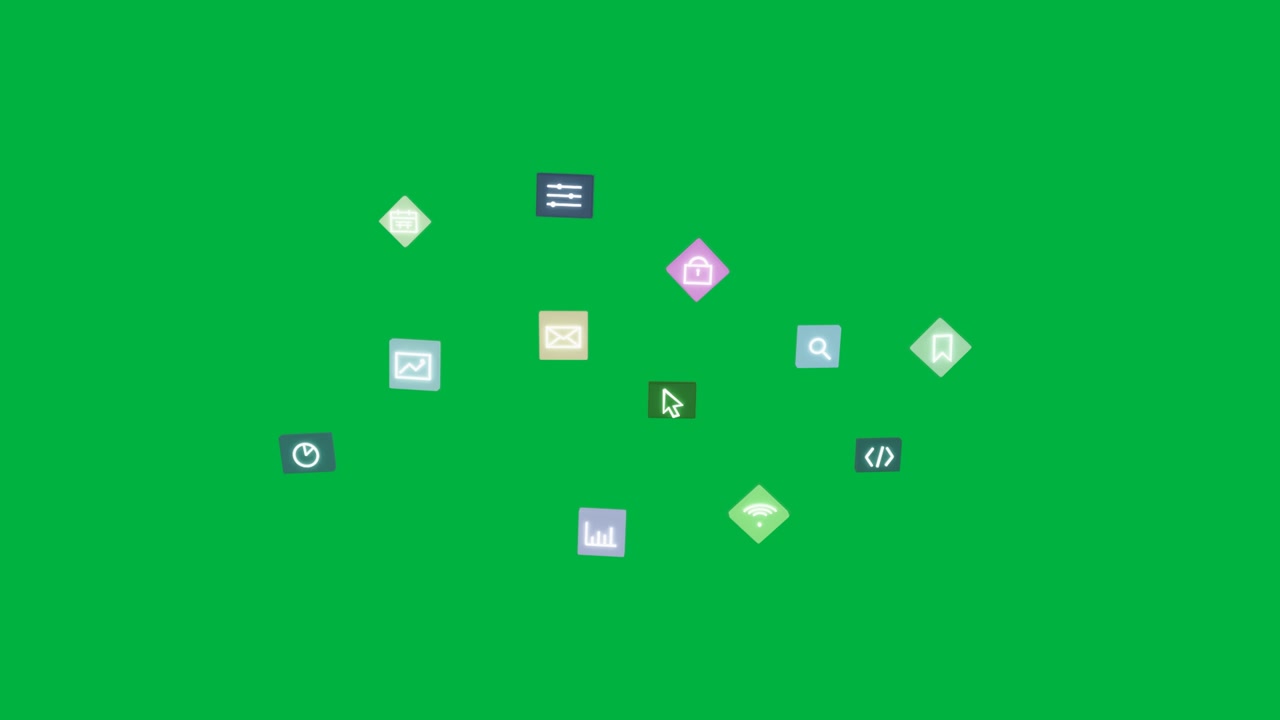 Teal timer starting inbound icons converging, hovering, dispersing on transparent bg showing glyphs